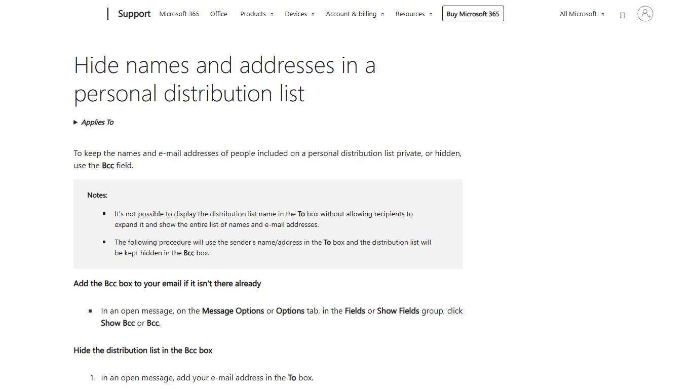 Hide names and addresses in a personal distribution list - Microsoft Support